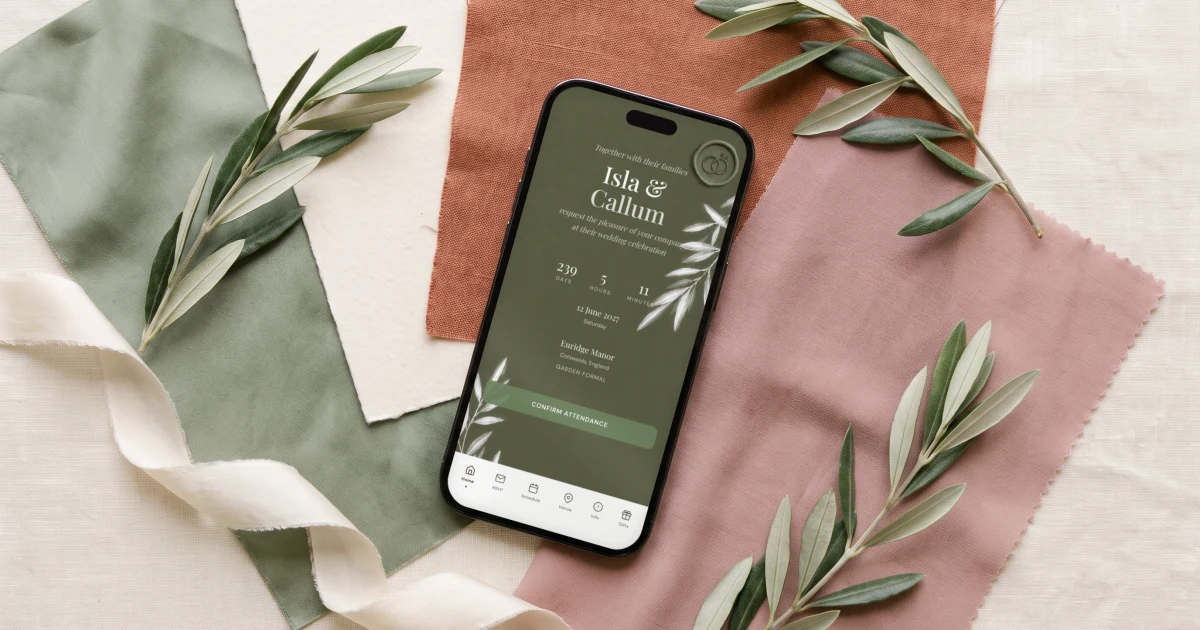 What colours go with sage green at a wedding: sage, ivory, terracotta and dusty rose swatches around a phone showing a sage green wedding invitation