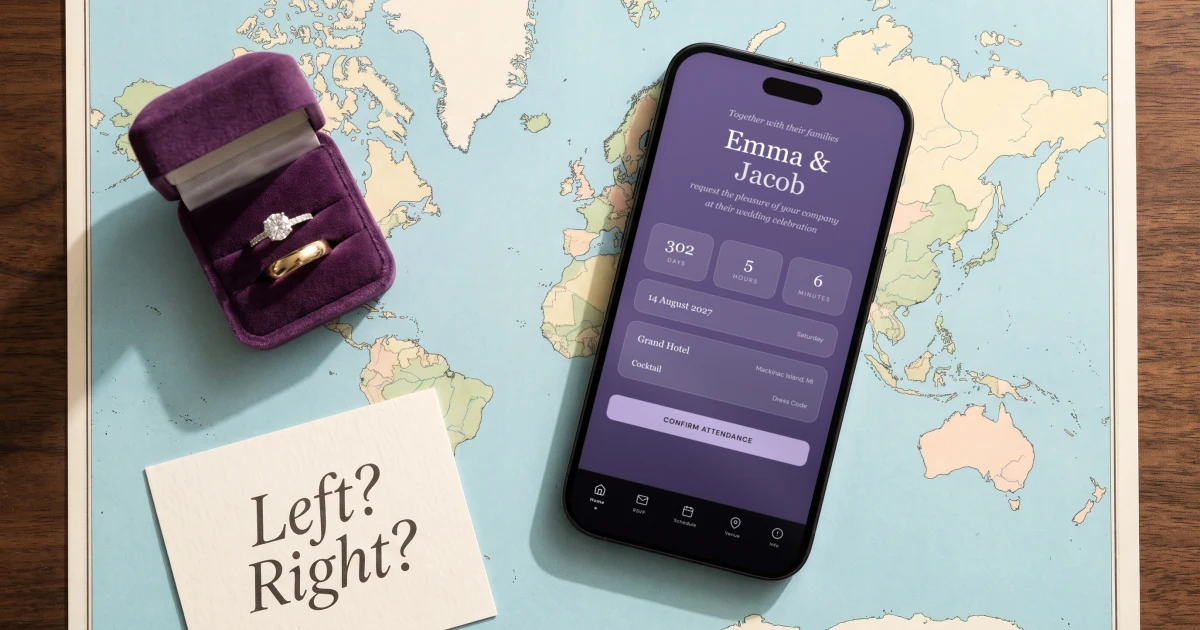What hand is your wedding ring on: an engagement ring and a wedding band on a world map next to a phone showing a wedding invitation