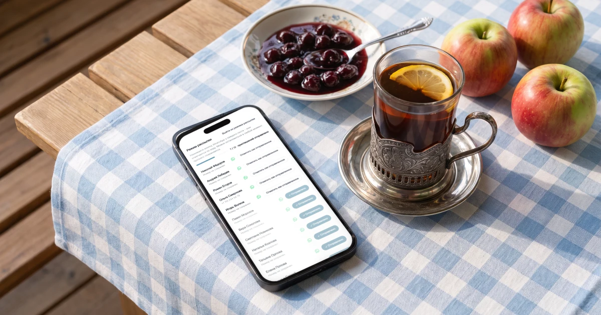 Рассылка приглашений на свадьбу через WhatsApp: телефон лежит на столе рядом с чашкой чая, на экране список гостей с отметками «отправлено», полоса прогресса и кнопка WhatsApp у следующего гостя