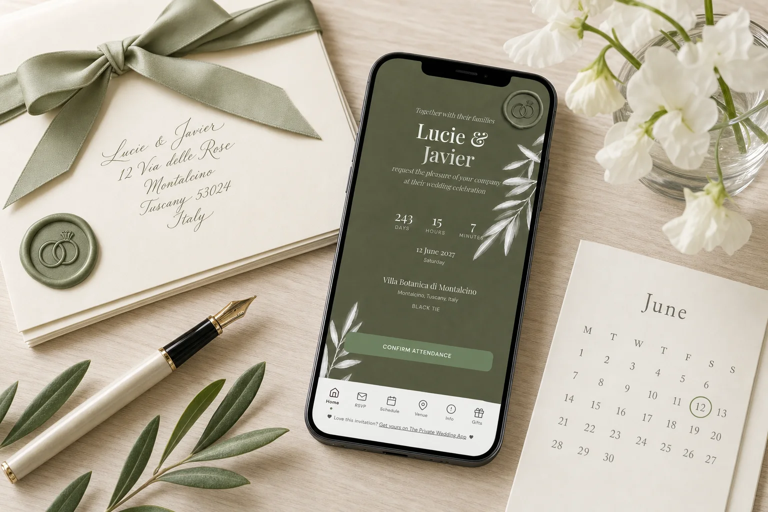 Wann Hochzeitseinladung verschicken: ein Handy zeigt die digitale Hochzeitseinladung von Lucie und Javier mit Countdown, neben versiegelten Umschlägen und einem Juni-Kalender