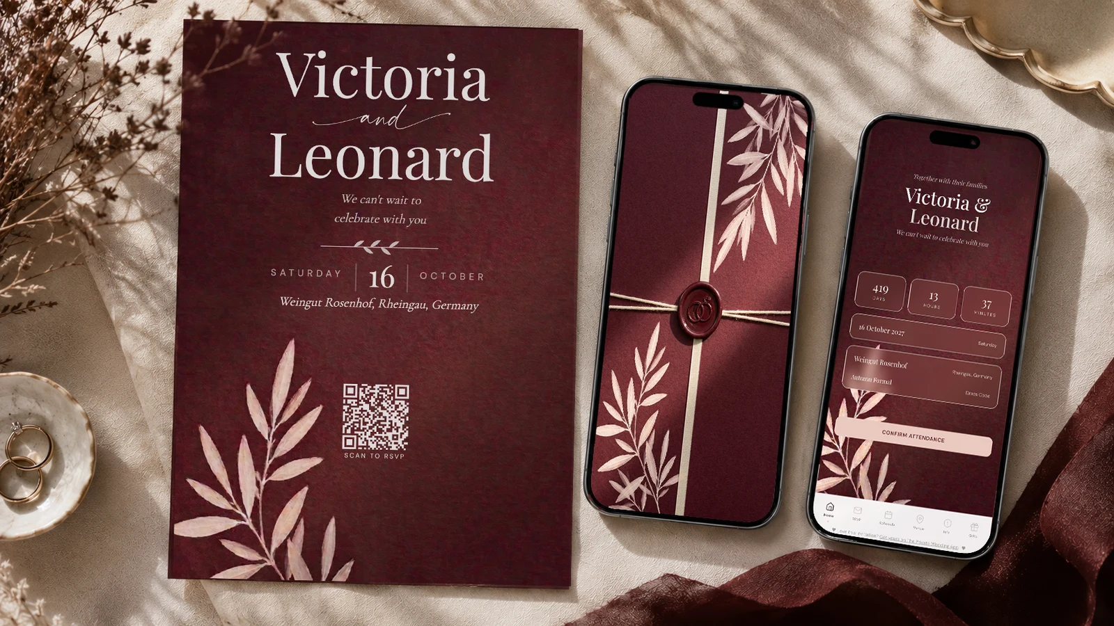 Burgundy wedding invitation with RSVP and QR code