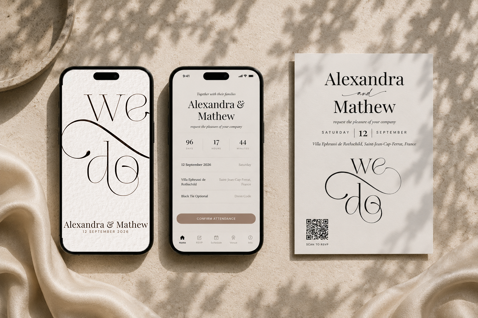 Minimalist calligraphy wedding invitation app with digital RSVP on iPhone and printable QR code card. Editorial We Do typography design by The Private Wedding App, showing cinematic opening screen, guest invitation with countdown, venue details and dress code, and physical print card with scannable QR code for instant RSVP.