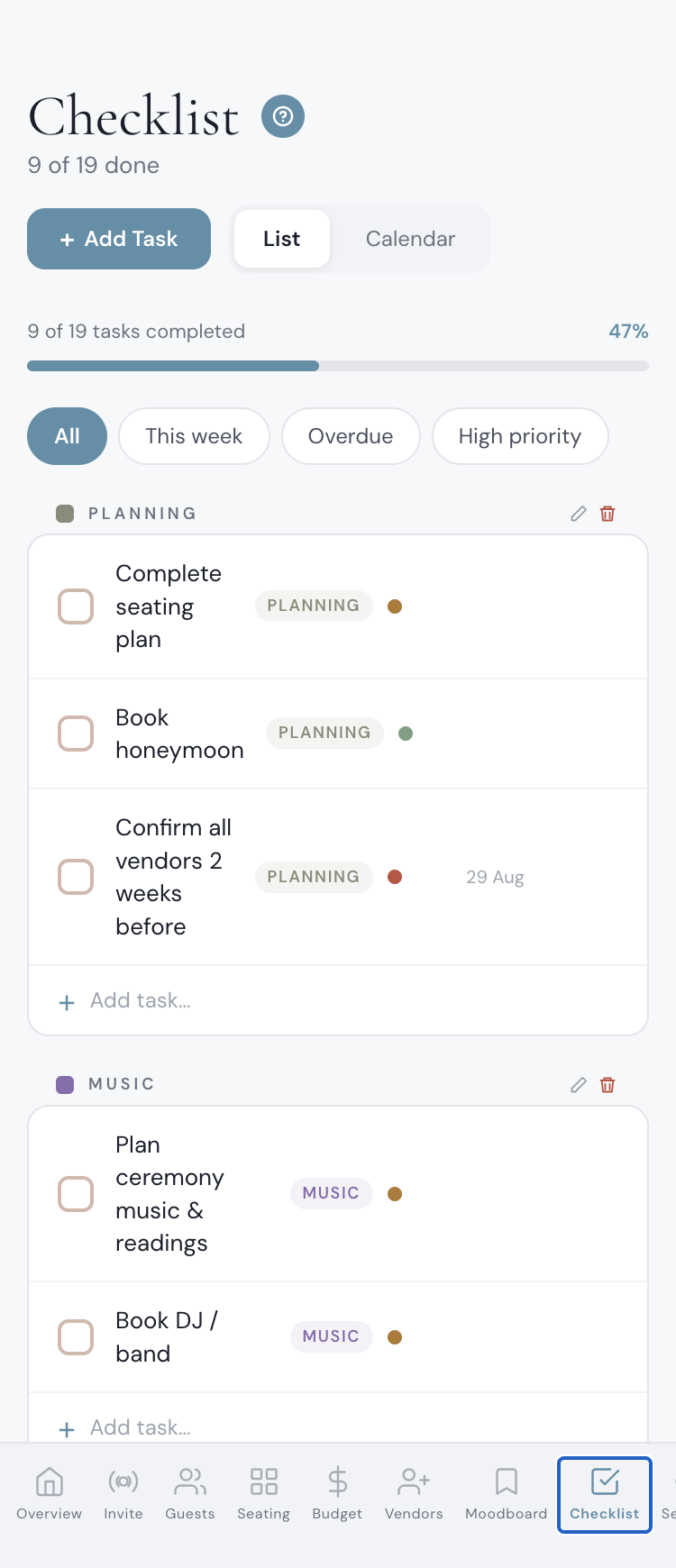 Wedding planning checklist app on iPhone with tasks grouped by timeline milestone, priority filters, due dates and a progress bar