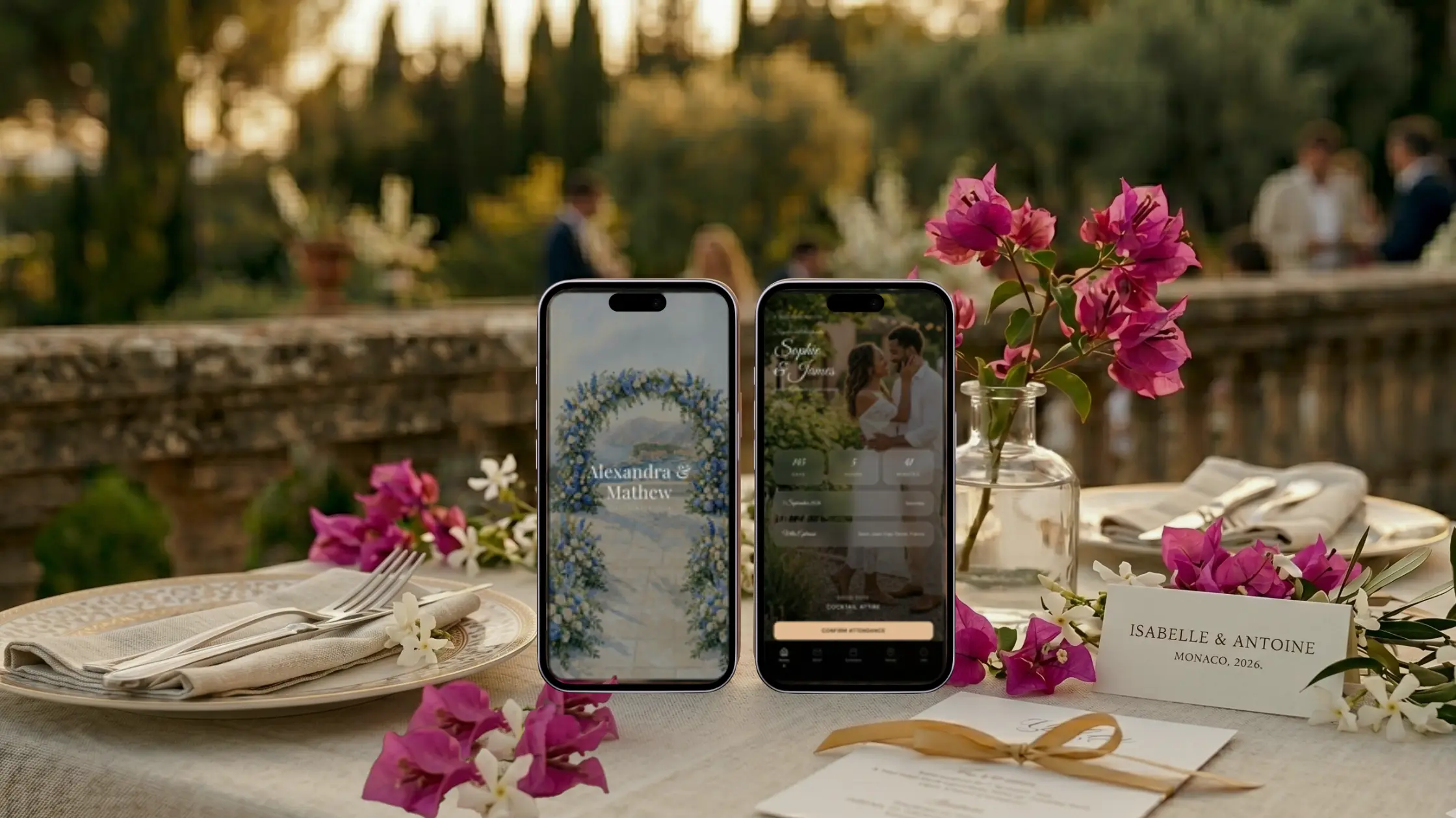 Joy wedding invitations review and the alternative: two phones on a terrace table at sunset, one showing a watercolor invitation with a blue floral arch for Alexandra and Mathew, one a photo invitation with an RSVP countdown, beside bougainvillea and a place card, made with The Private Wedding App