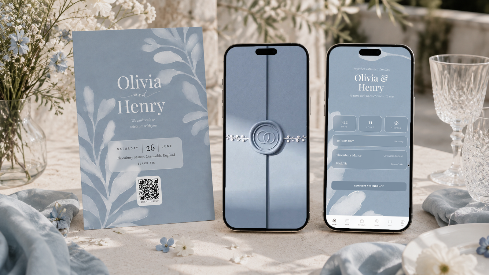 Dusty blue wedding invitation shown as a printed QR card beside the app