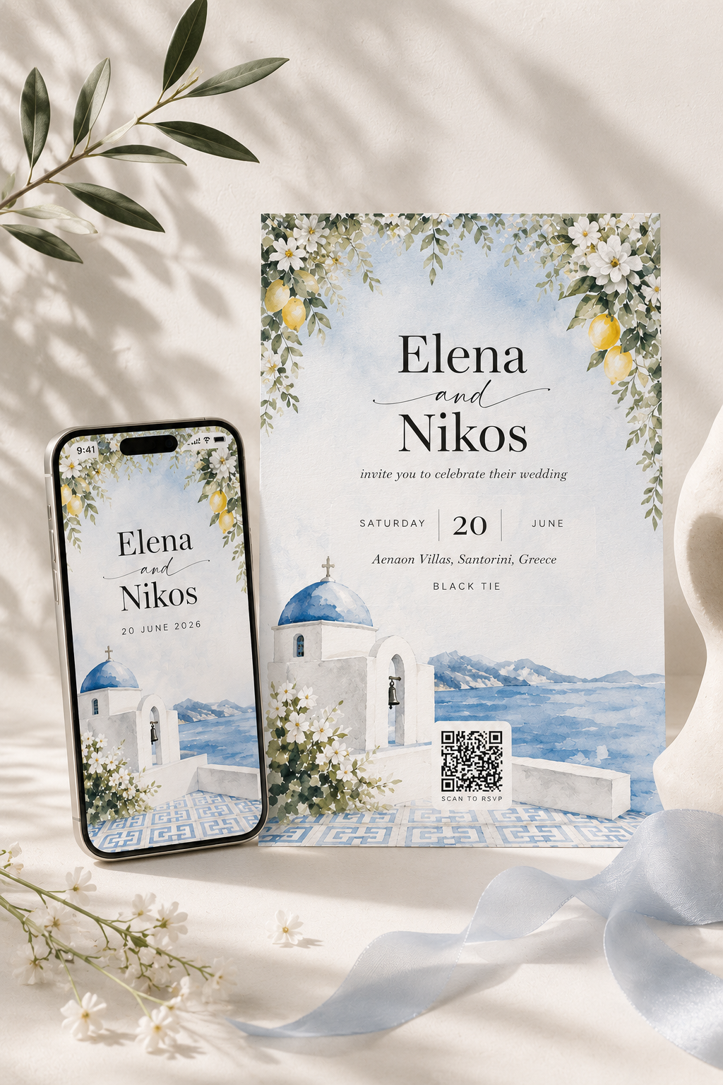 Greek wedding invitation with Santorini watercolor art and destination RSVP