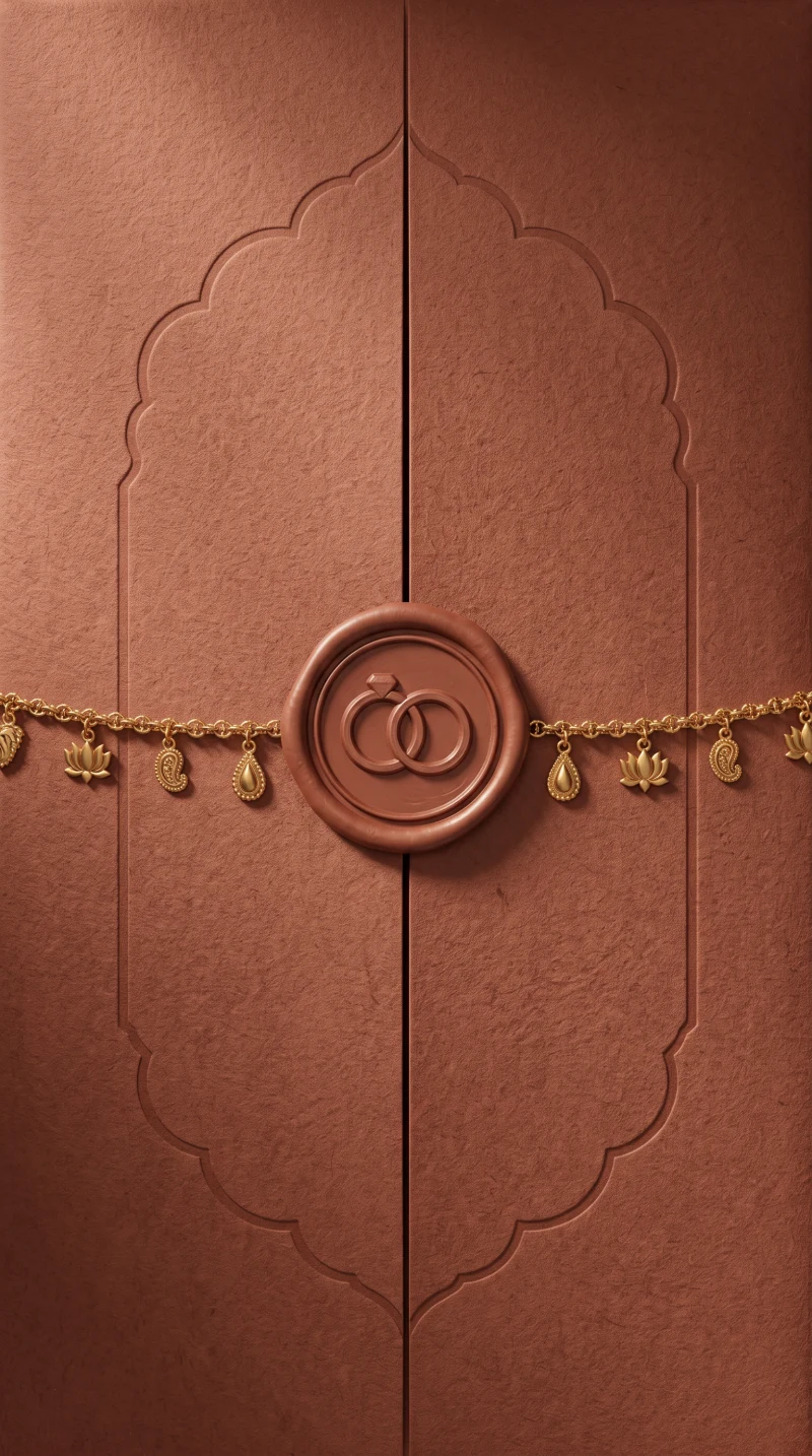 Indian wedding invitation sealed with a wax seal and gold charm chain, with RSVP for every function