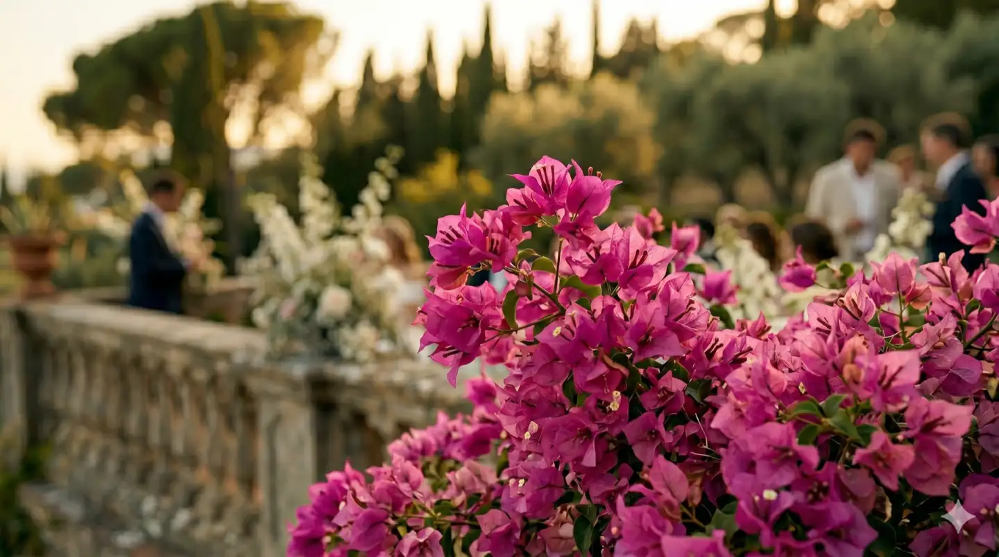 Pink bougainvillea flowers at a Mediterranean wedding venue — wedding planner app background
