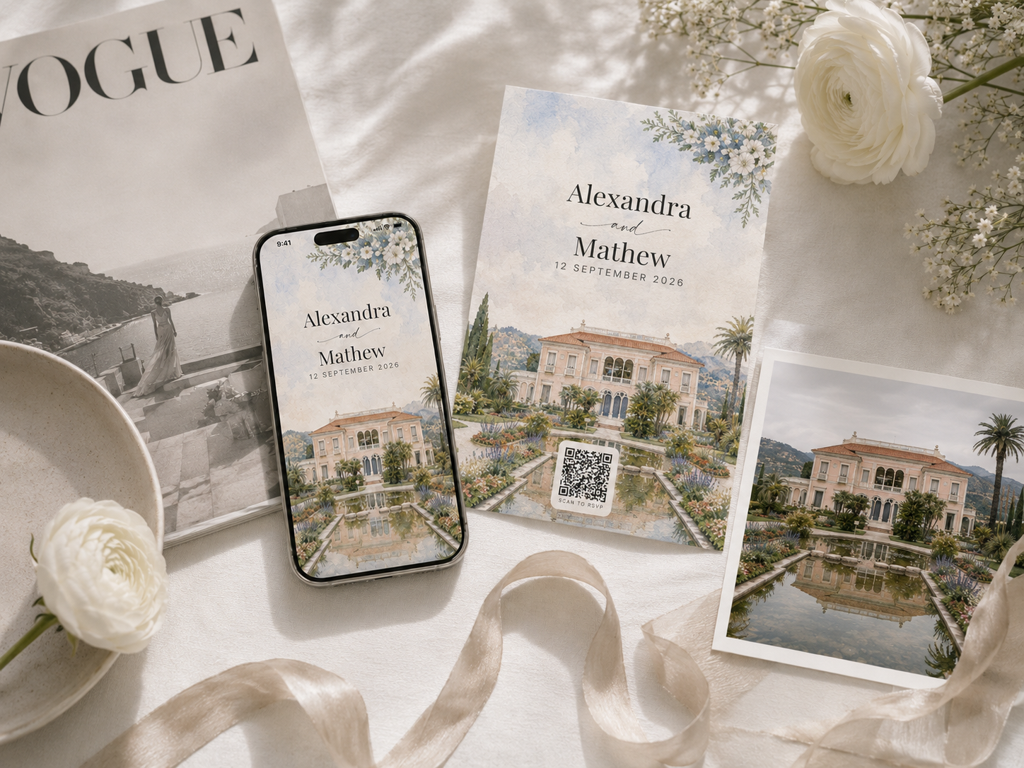 Wedding venue photo turned into watercolor painting with AI — digital invitation on iPhone, print card with QR code RSVP, and original venue photo of Villa Ephrussi de Rothschild, French Riviera destination wedding stationery suite