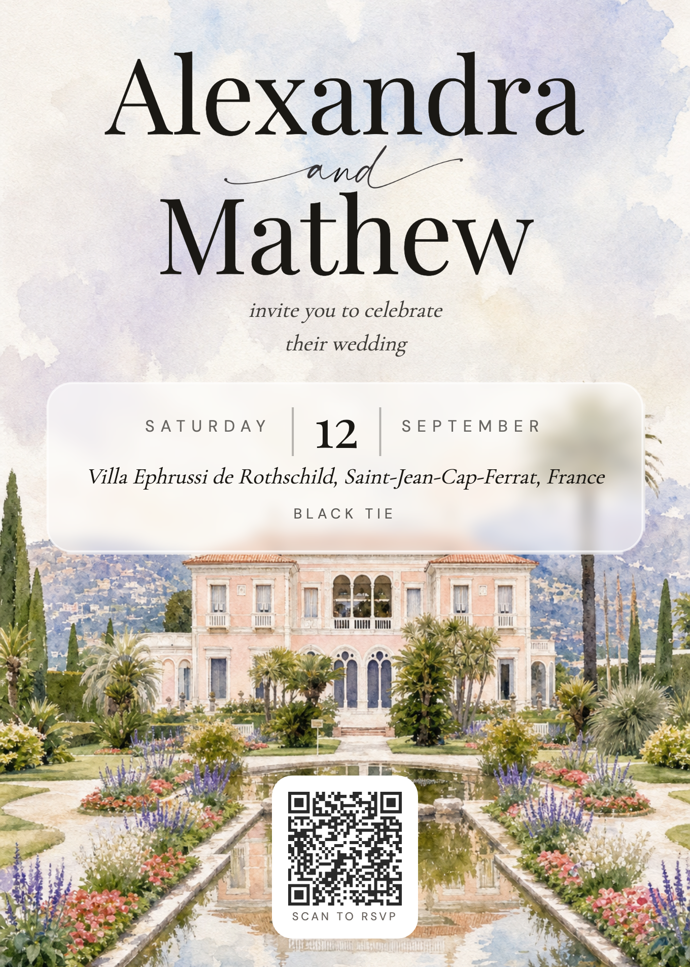 Watercolor wedding invitation card with printed QR code and scan-to-RSVP line: guests scan the code to open the private digital invitation and reply