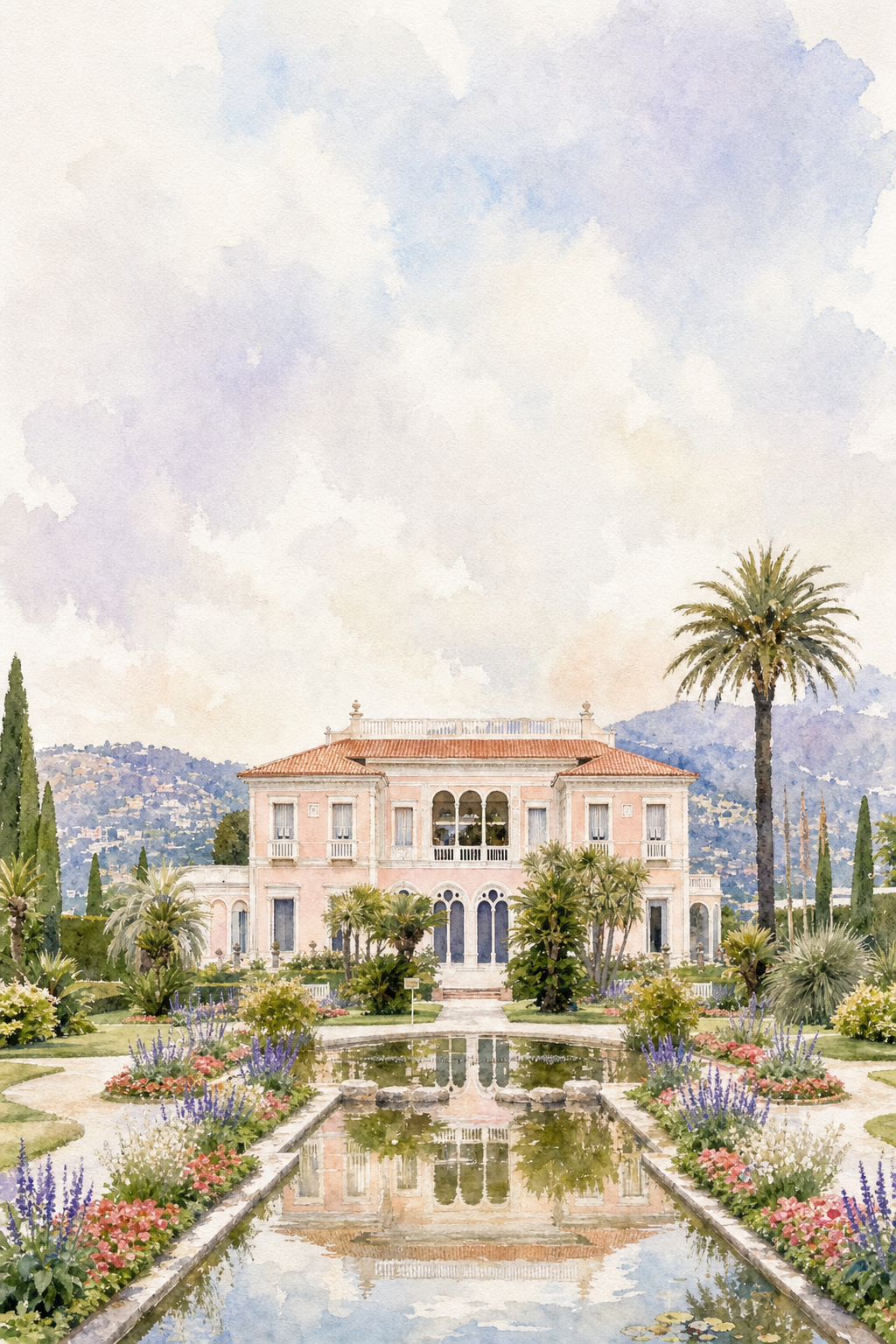 AI generated watercolor of Villa Ephrussi French Riviera wedding venue — photo turned into watercolor painting for invitation