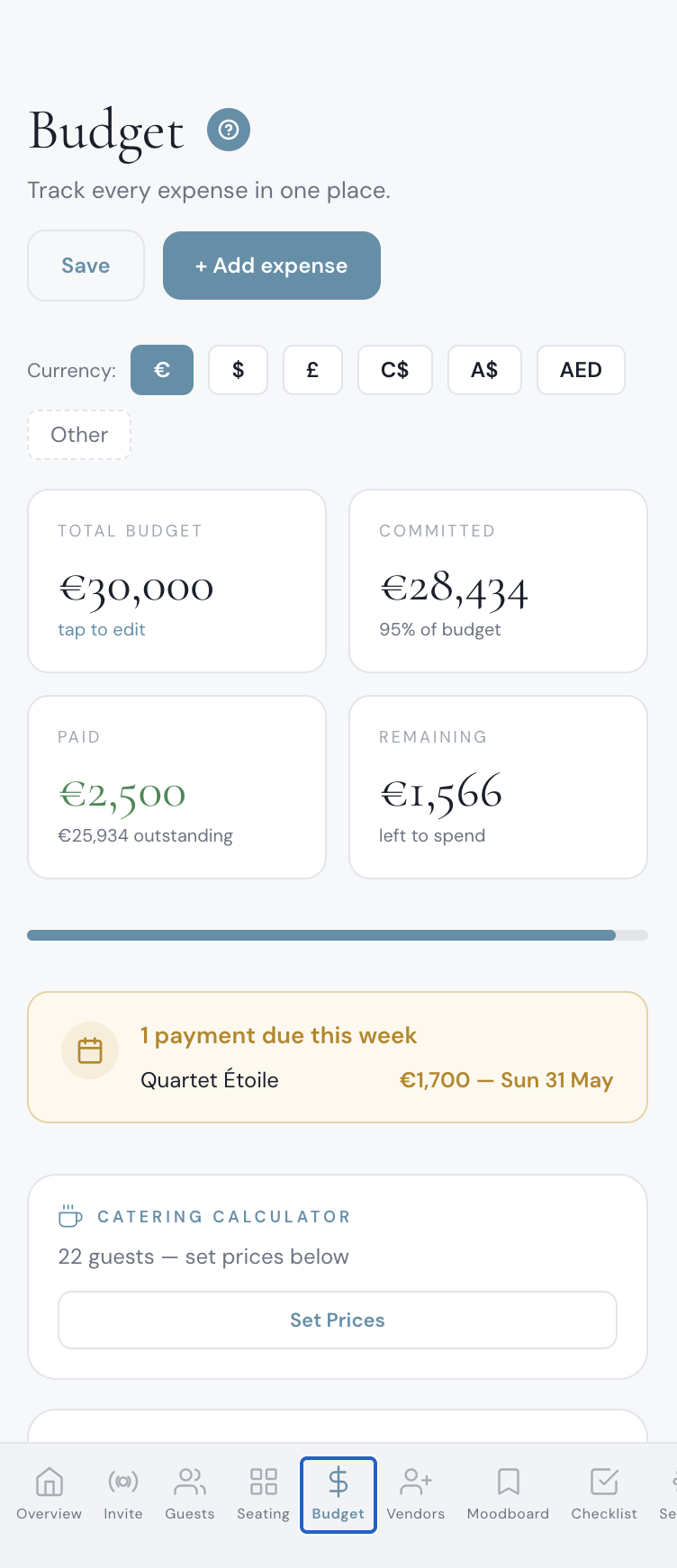 Wedding budget tracker app on mobile showing total budget, deposit tracking and payment alerts