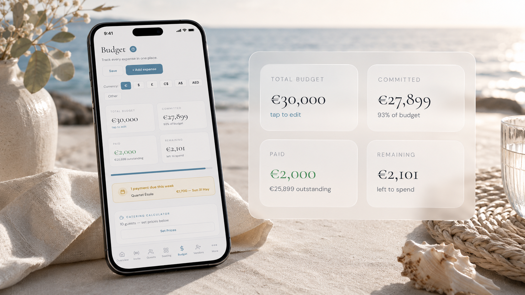 Wedding budget tracker with expense categories, spending breakdown, and cost planner in The Private Wedding App