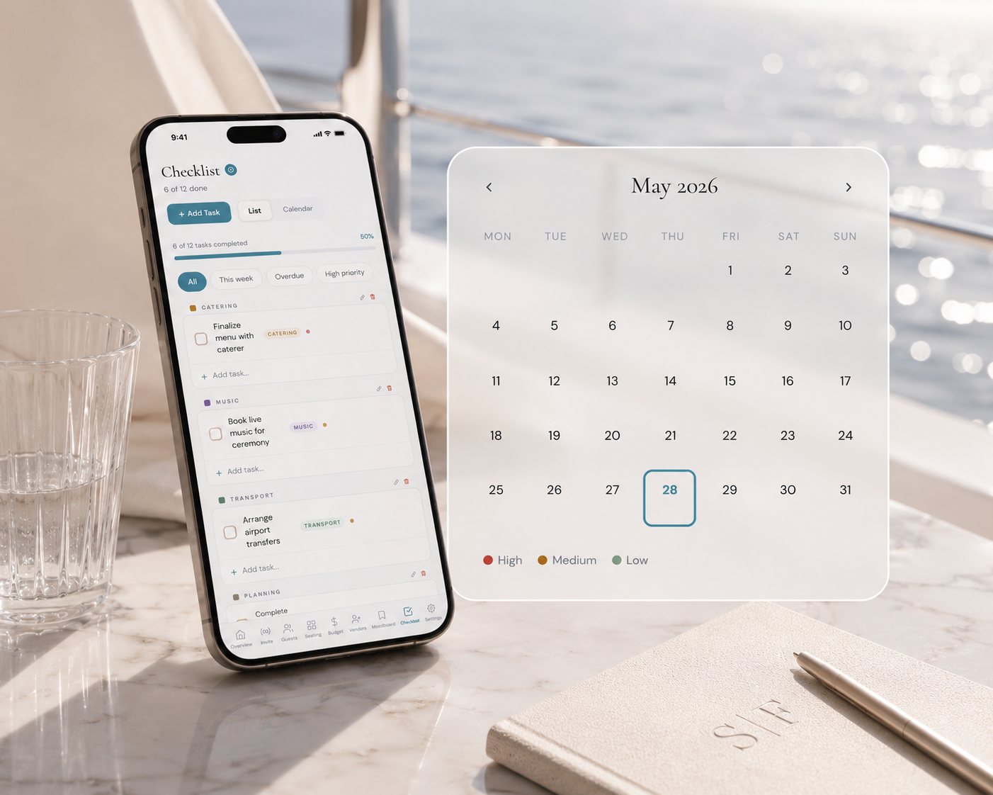 Wedding checklist app on iPhone with categorised tasks for catering, music and transport alongside calendar view showing colour-coded priorities to plan your own wedding without a planner