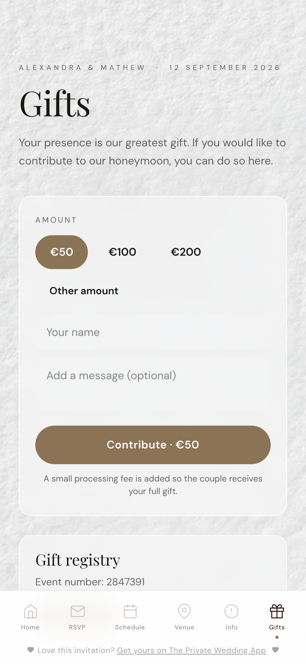 Honeymoon fund page inside a digital wedding invitation with amount options, message field and card payment