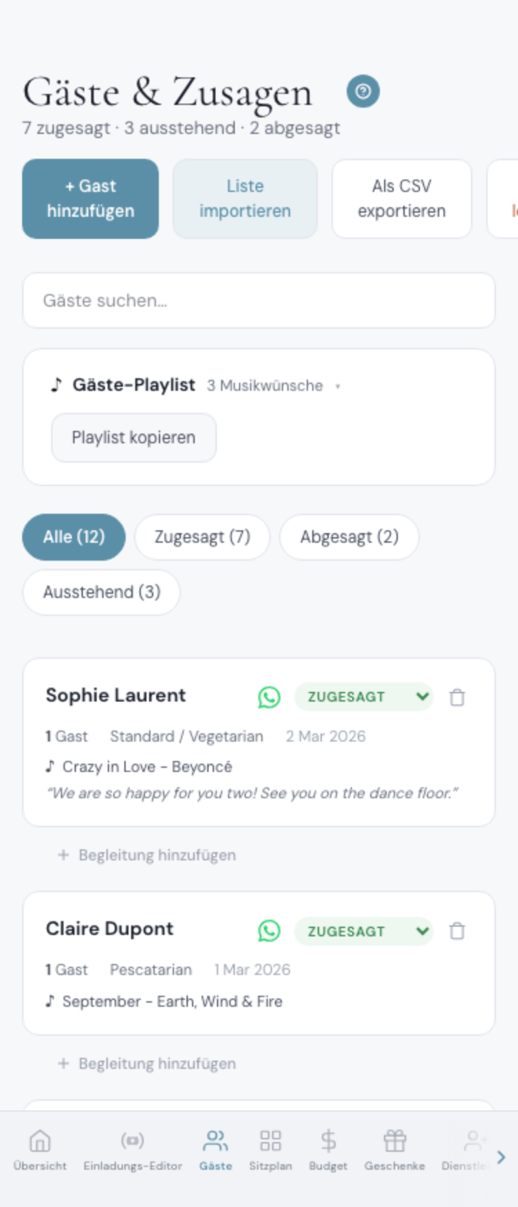 Hochzeits-Gästeliste mit WhatsApp-Button neben jedem Gast