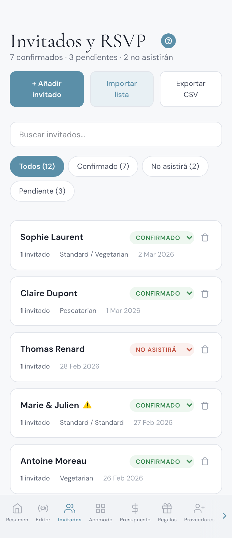 Lista de invitados de boda con botón de WhatsApp junto a cada invitado