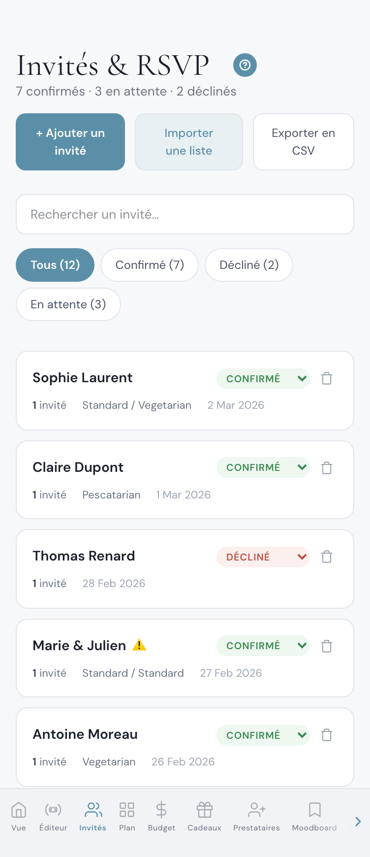 Liste d'invités de mariage avec bouton WhatsApp à côté de chaque invité