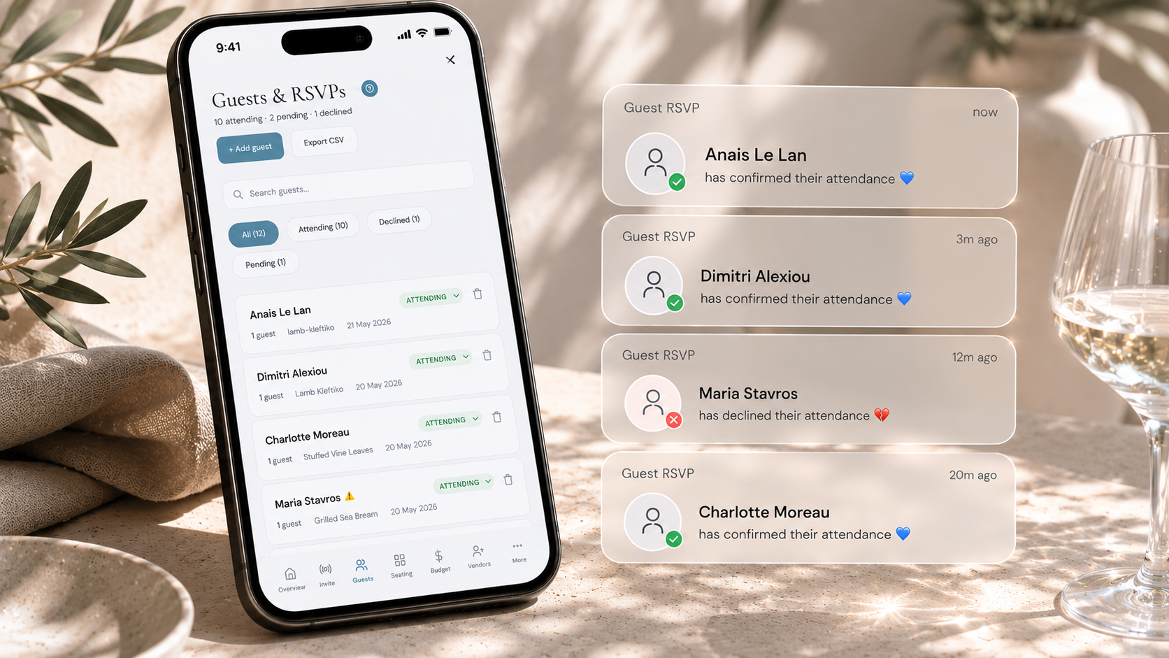 Wedding guest list with RSVP tracking, meal choices, and attendance status in The Private Wedding App