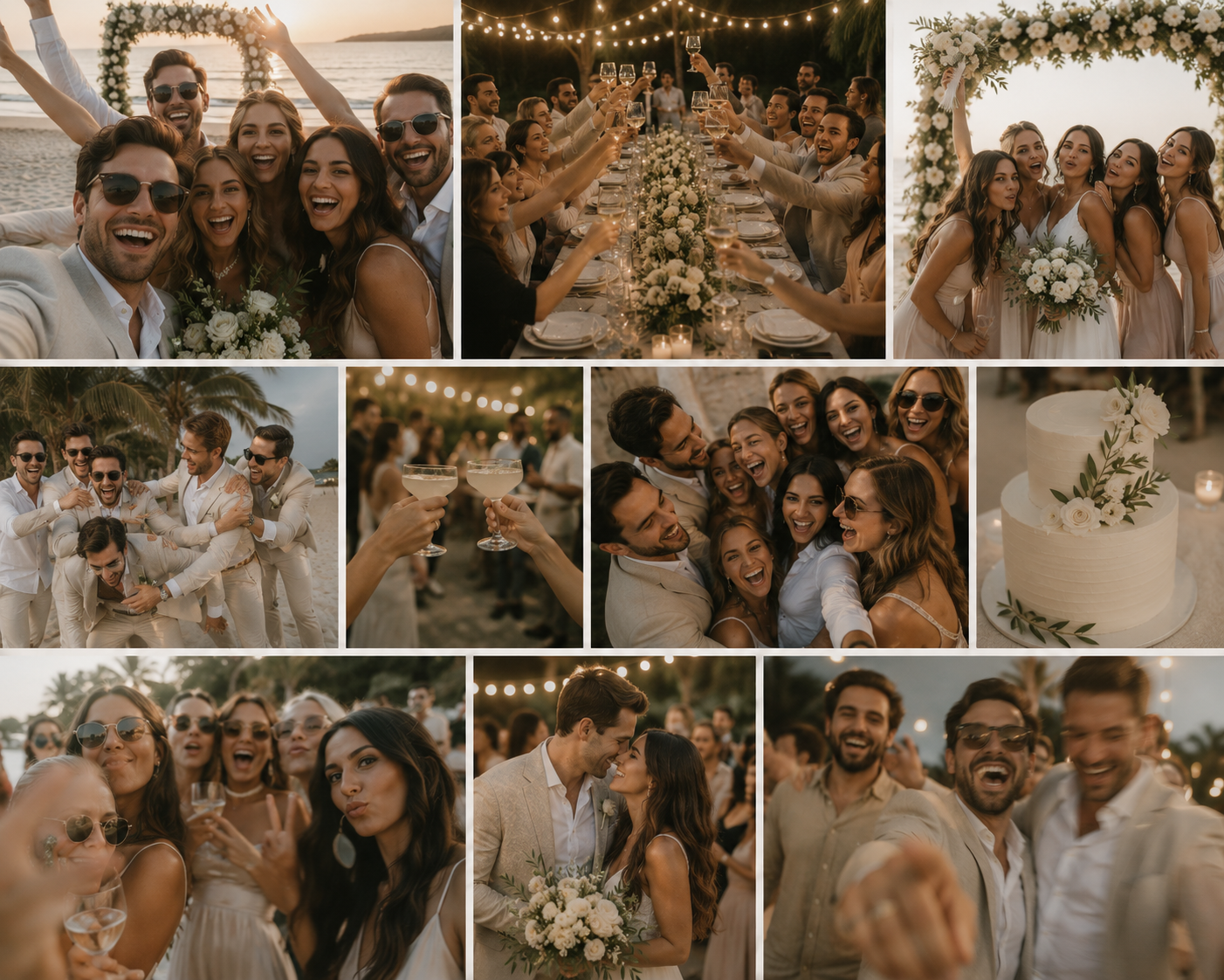 Wedding guest photo gallery collage showing candid moments uploaded by guests — beach ceremony selfies, reception dinner toast, bridesmaids with bouquet, groomsmen on the beach, and couple's first kiss at destination wedding