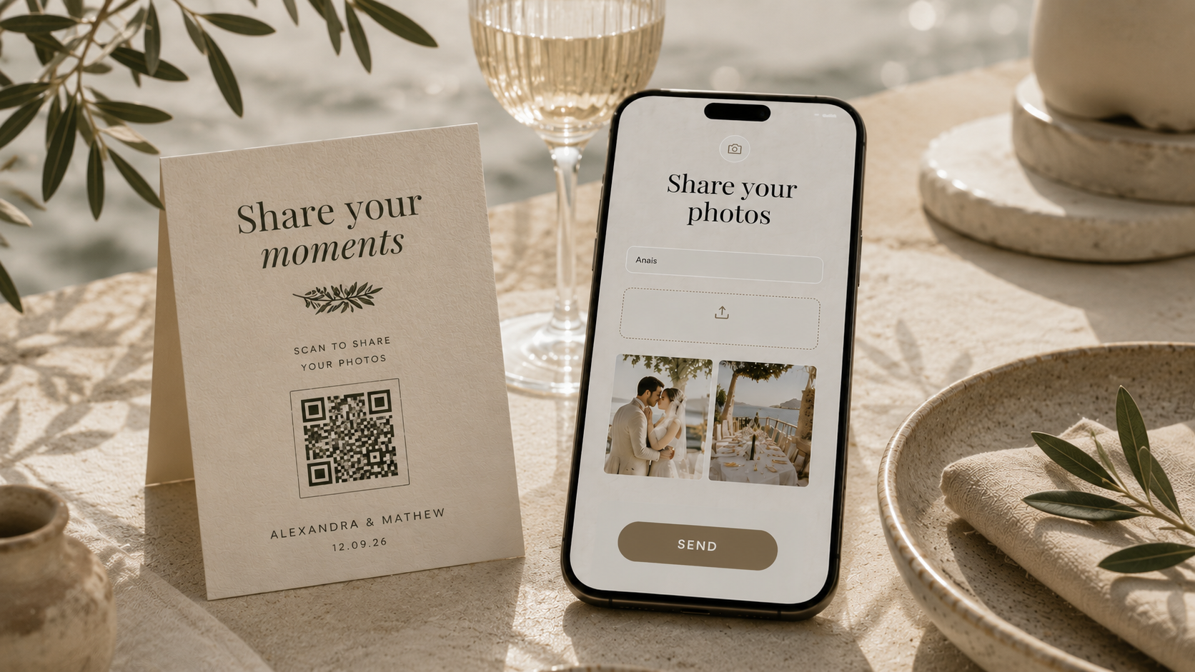 Wedding QR code table card next to iPhone showing guest photo sharing upload page with send button — guests scan to share wedding photos instantly without downloading an app