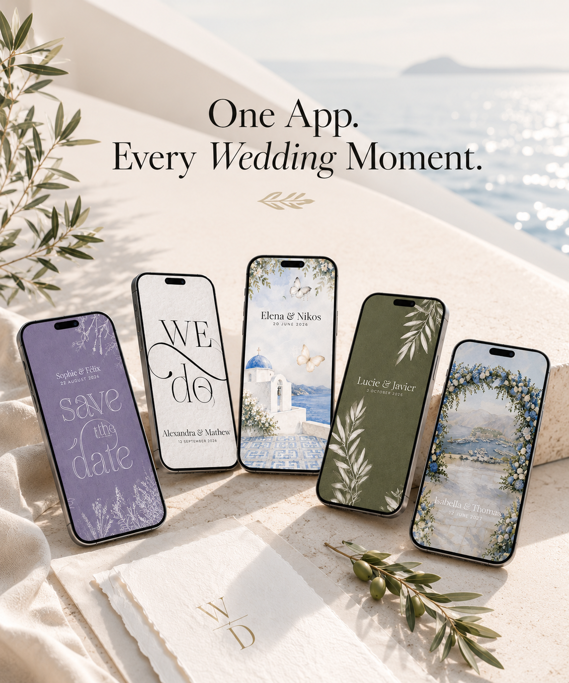 Five phones showing designer wedding invitation themes including lavender, modern calligraphy, Greek island, olive garden and floral arch styles