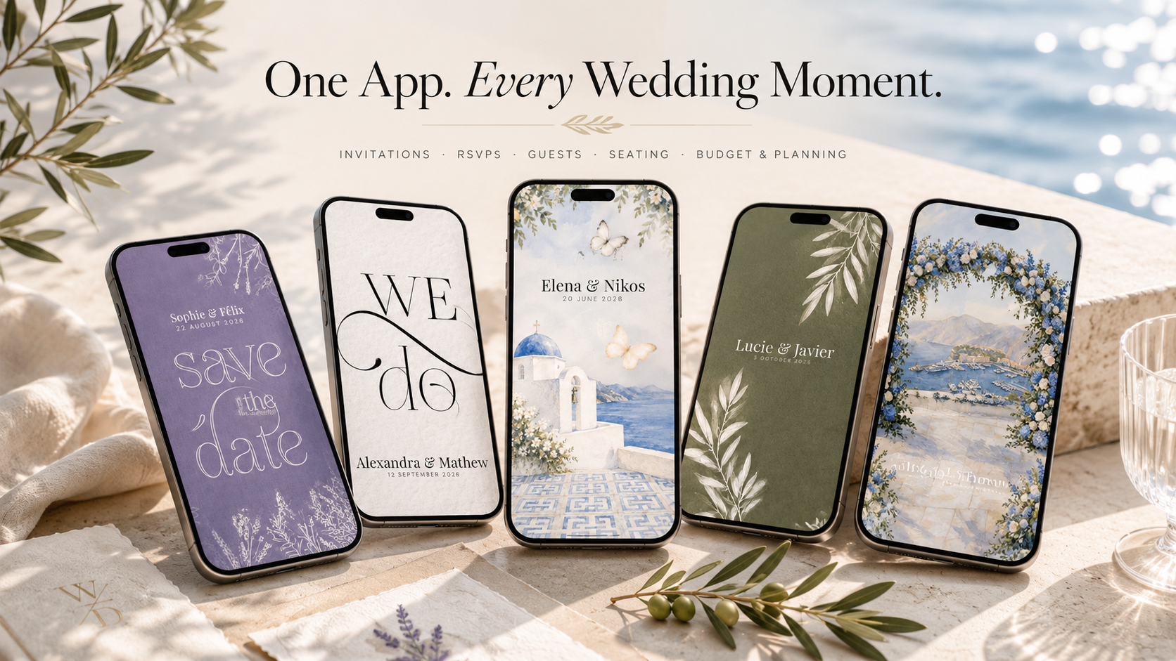 Five designer wedding invitation themes on iPhones showing Lavender Save the Date, Calligraphy We Do, Greek Watercolor, Sage Green Botanical and Italian Watercolor by The Private Wedding App
