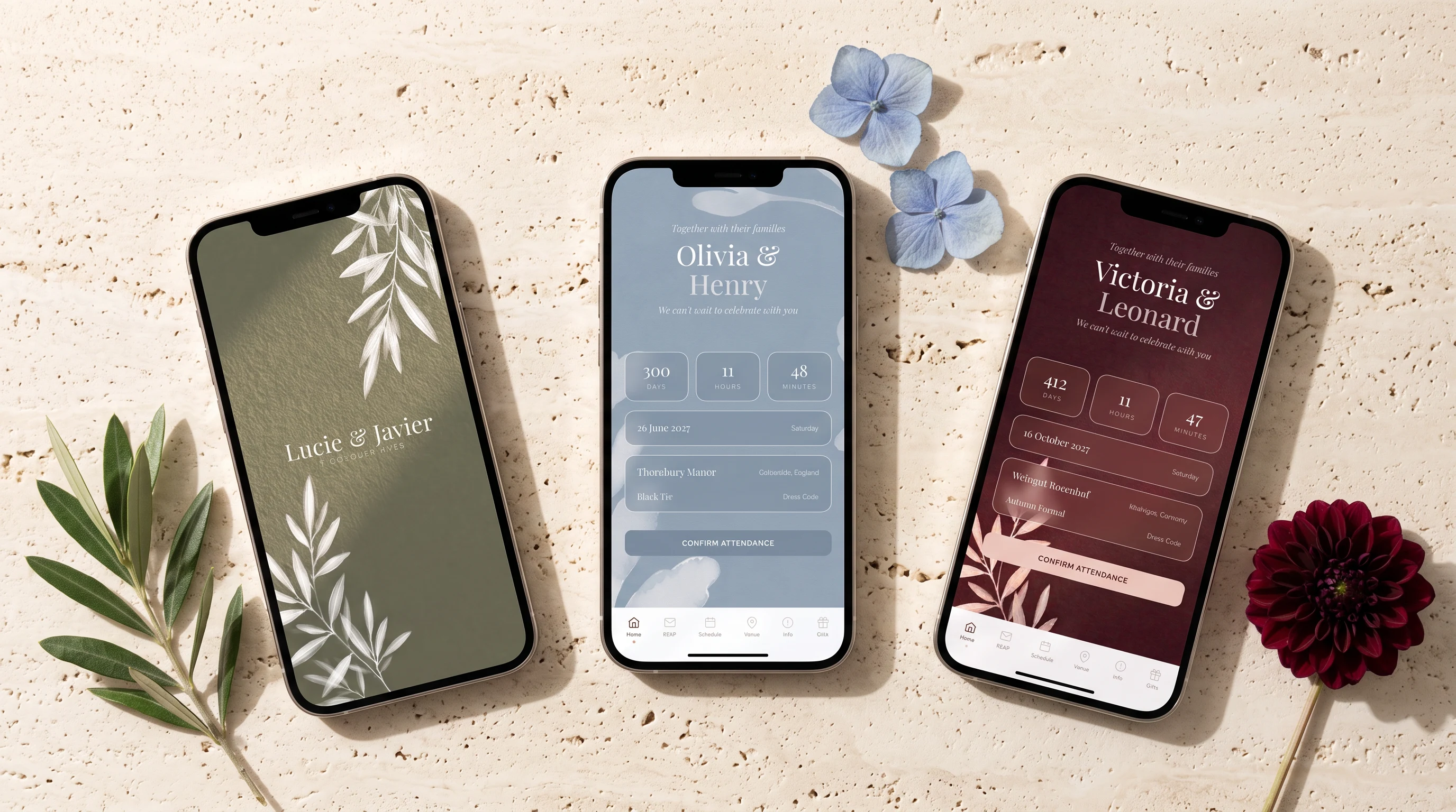Three phones side by side on travertine stone showing the sage botanical, Blue Bridgerton and burgundy botanical wedding invitation themes