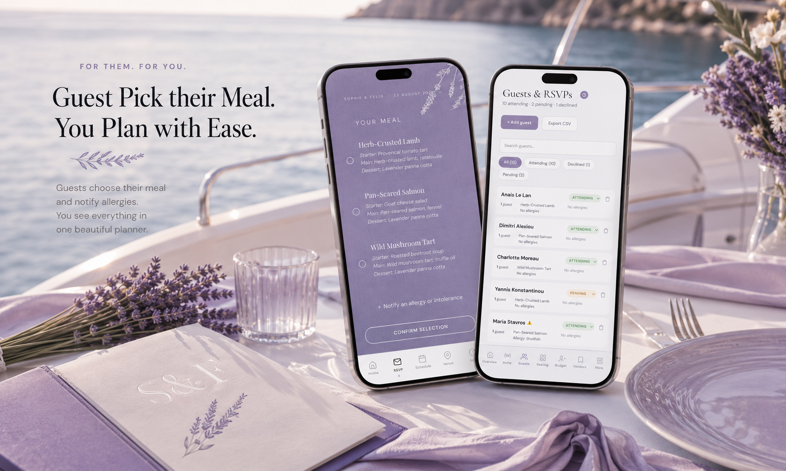 Wedding meal choice and allergy tracker showing guest RSVP meal selection on phone alongside automatic guest list with dietary flags and allergy alerts