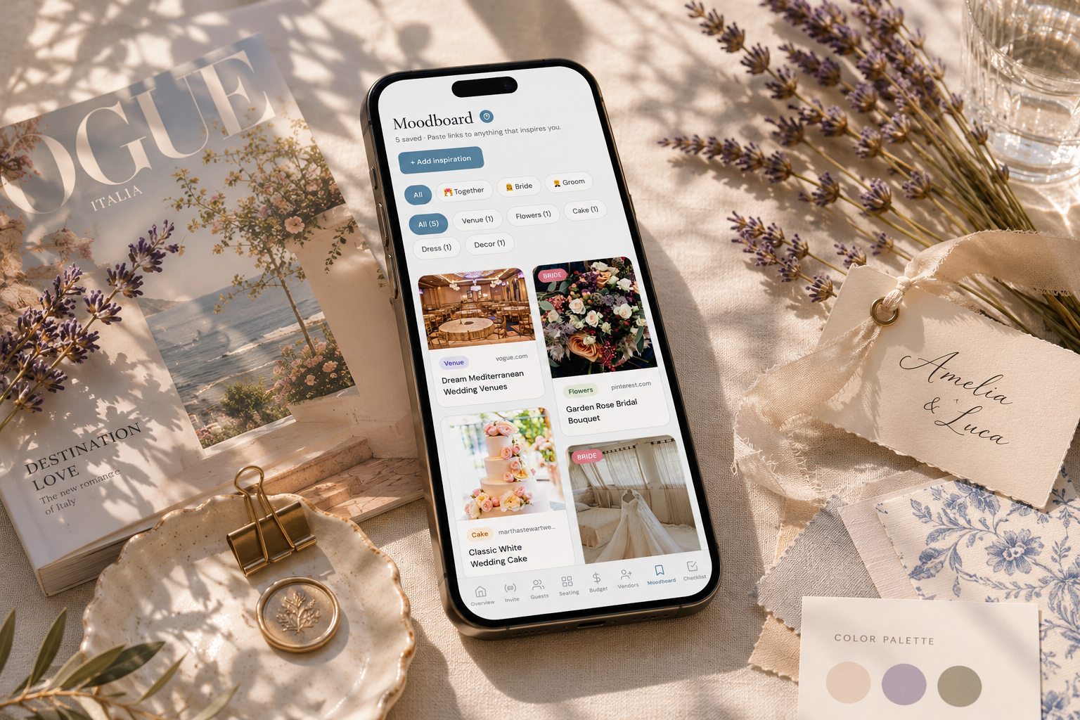 Wedding moodboard with pinned inspiration photos, color palettes, and visual planning board in The Private Wedding App