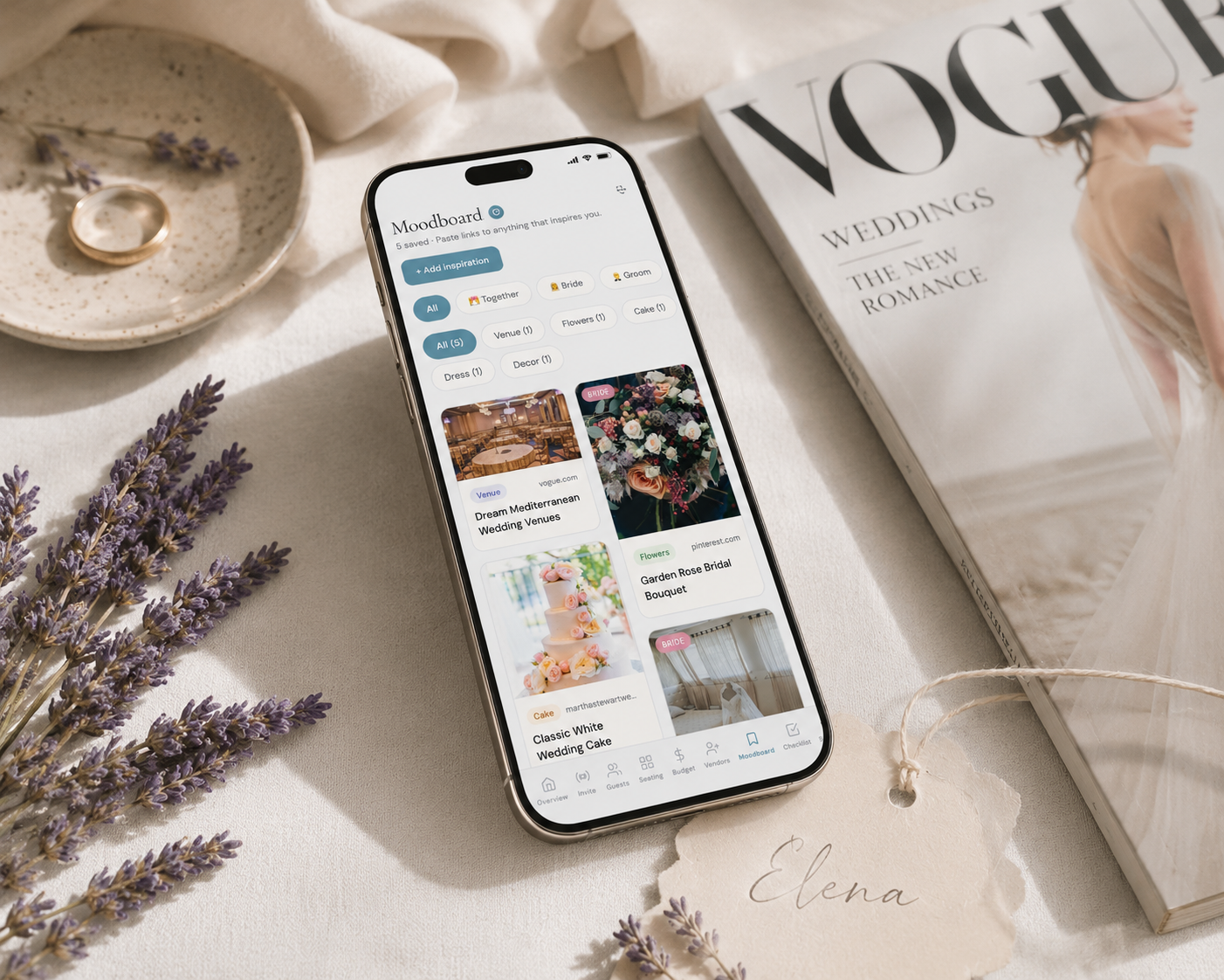 Wedding moodboard app on iPhone with saved venue, flowers, cake and dress inspiration organised by category to plan your own wedding without a planner