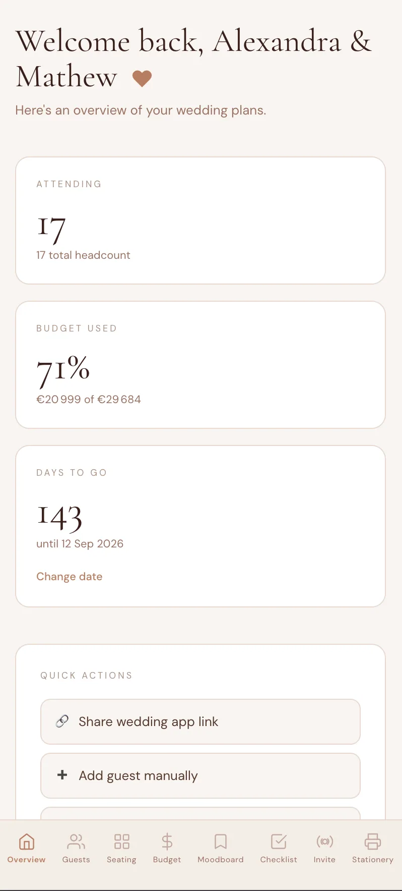 Wedding planning app dashboard showing checklist, budget tracker, guest list and vendor comparison - the organisational system of a wedding planner, run by the couple