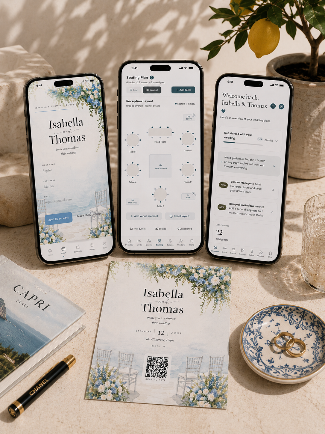 Italian watercolor wedding invitation and planning app, Capri flat-lay