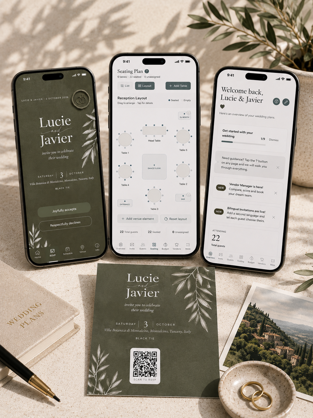 Sage green botanical wedding invitation app showing three iPhone screens: digital invitation with olive leaf design and RSVP buttons, drag-and-drop seating plan with 6 tables, and wedding planner dashboard with guest count, vendor manager and bilingual support. Includes printable QR code card for scan-to-RSVP.