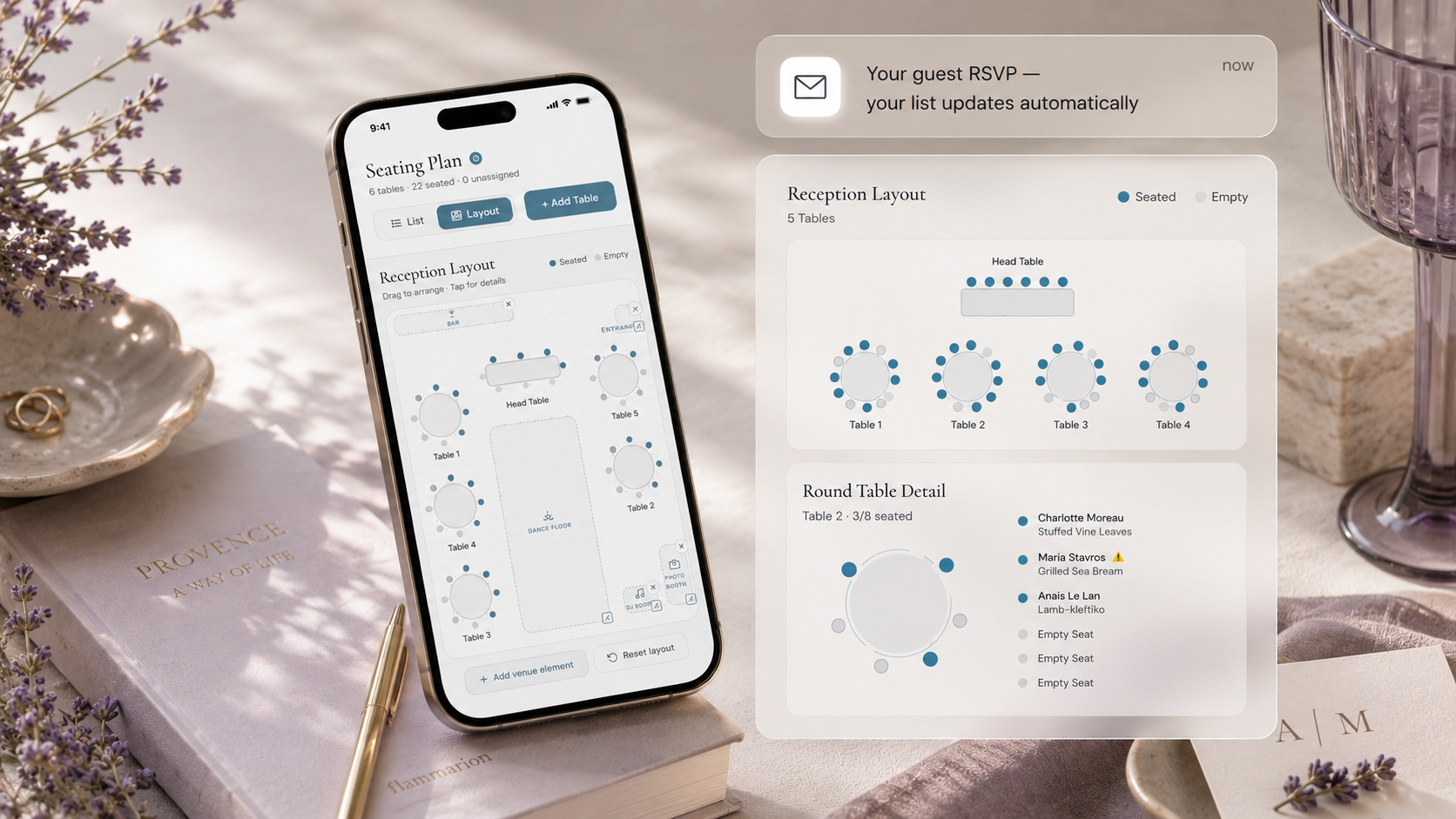 Best digital wedding invitation app with built-in seating chart showing guest names, meal choices and allergy tracking — all-in-one wedding planner replacing paper invites