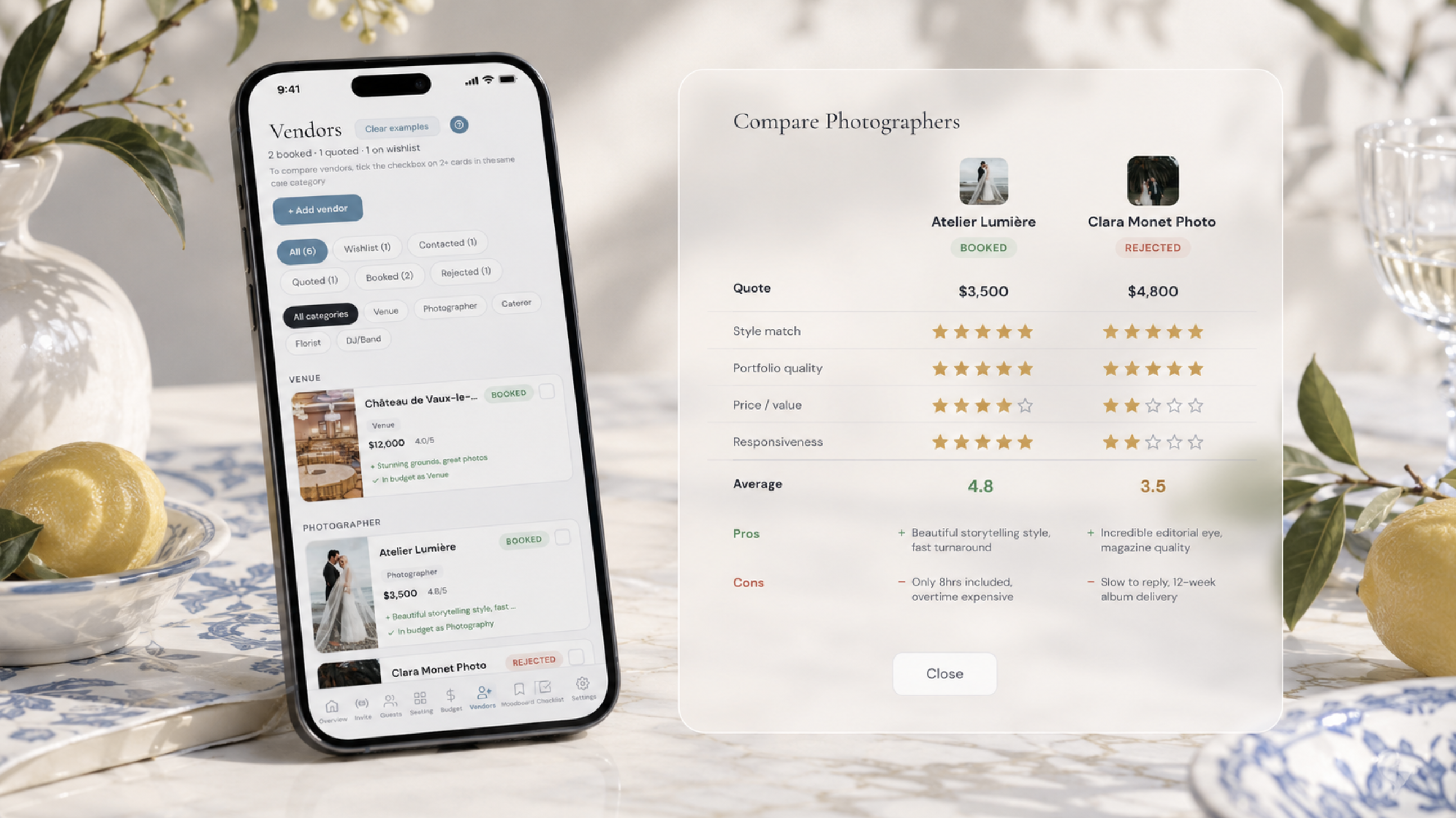 Wedding vendor comparison tool with pricing, ratings, and side-by-side review in The Private Wedding App