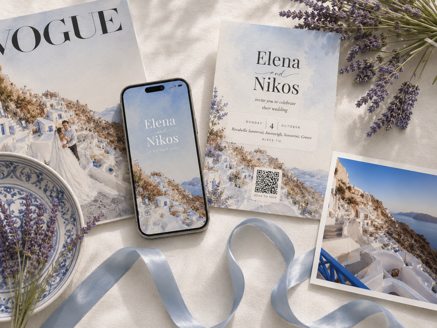 Destination wedding invitation suite with AI watercolor venue illustration of Santorini Greece — iPhone digital invitation, printed card with QR code RSVP, Vogue-style stationery flatlay with original venue photo and lavender