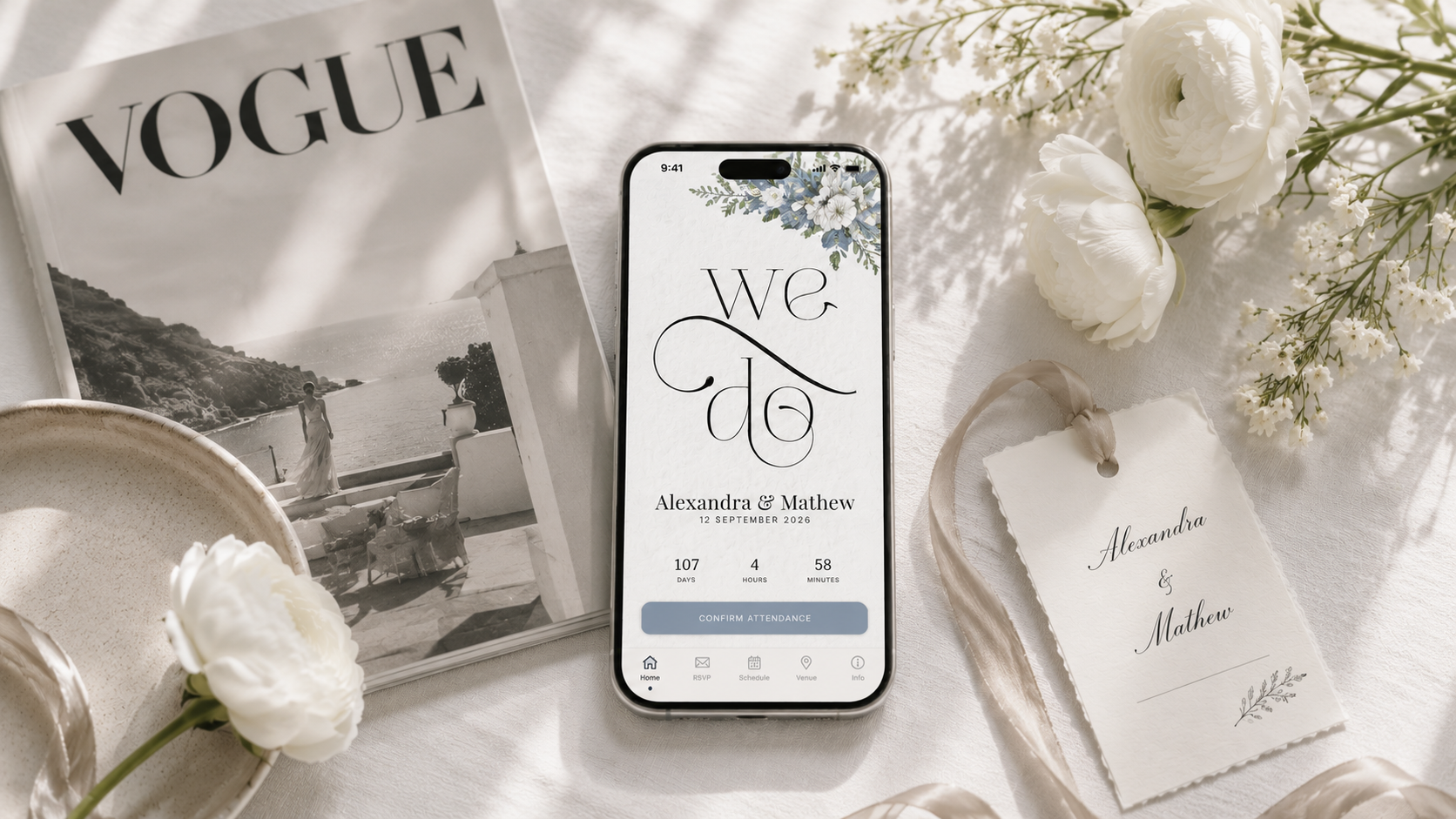 Modern wedding website on iPhone with built-in RSVP, countdown, schedule and venue map replacing a traditional wedding website with a mobile-first digital invitation in 2026